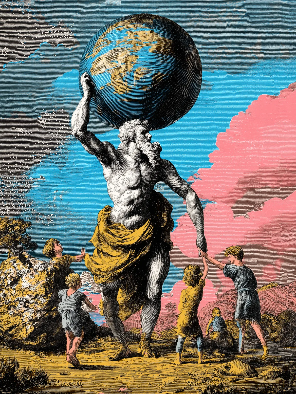 Copper engraving: Atlas holds the globe while children gather around him