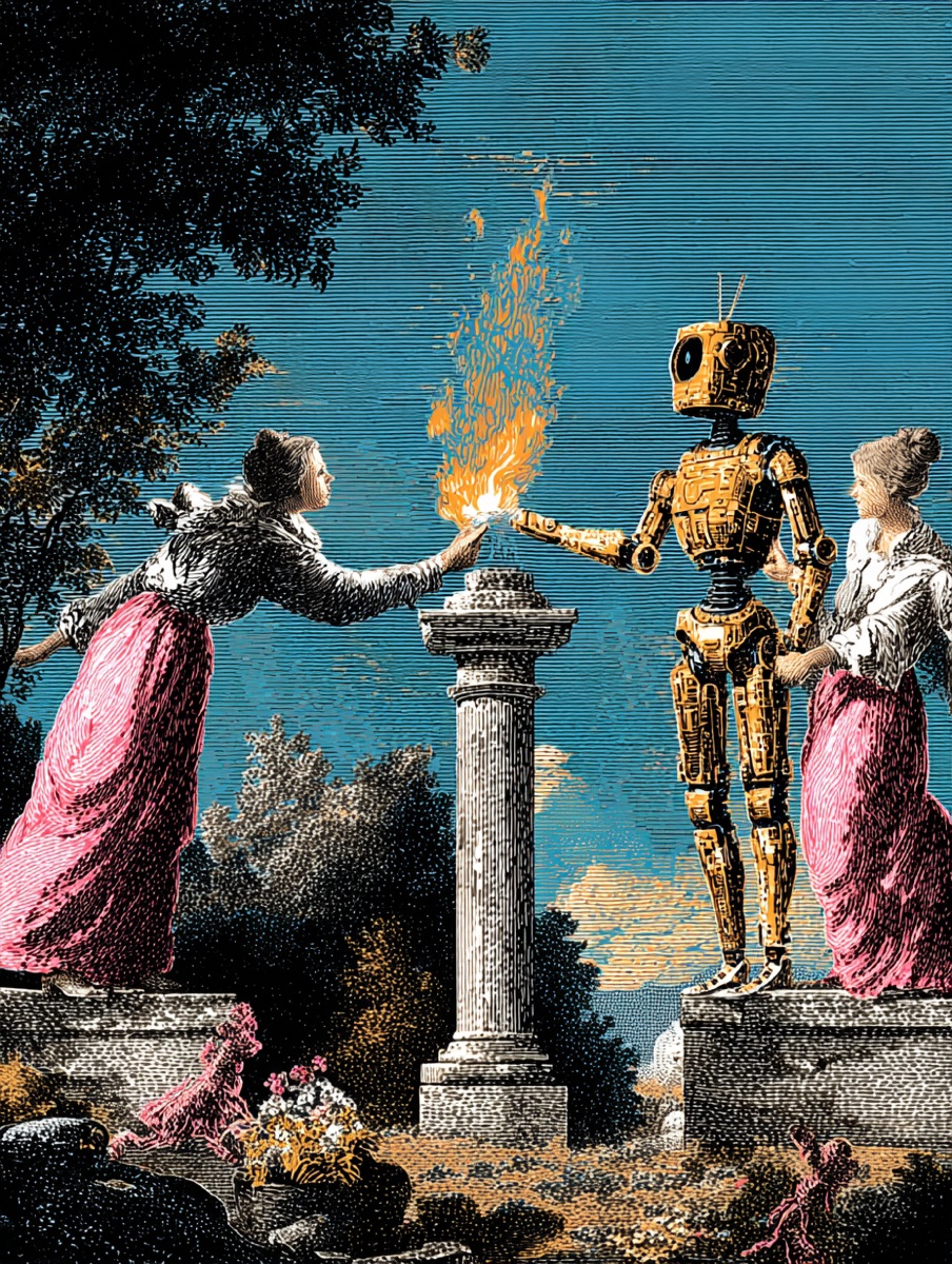 Copper engraving: two women and a golden robot pass a flame beside a classical column