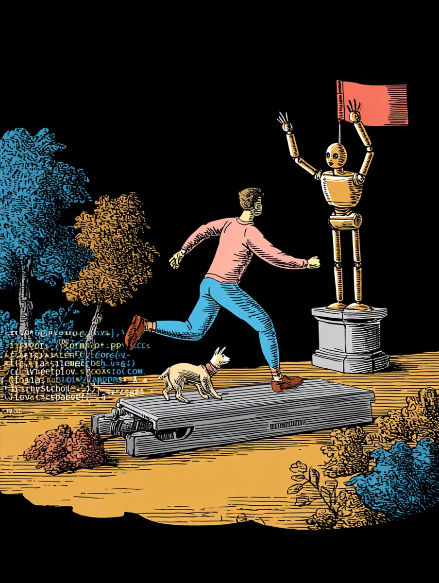 Copper engraving: a runner races on a treadmill toward a robot holding the finish flag
